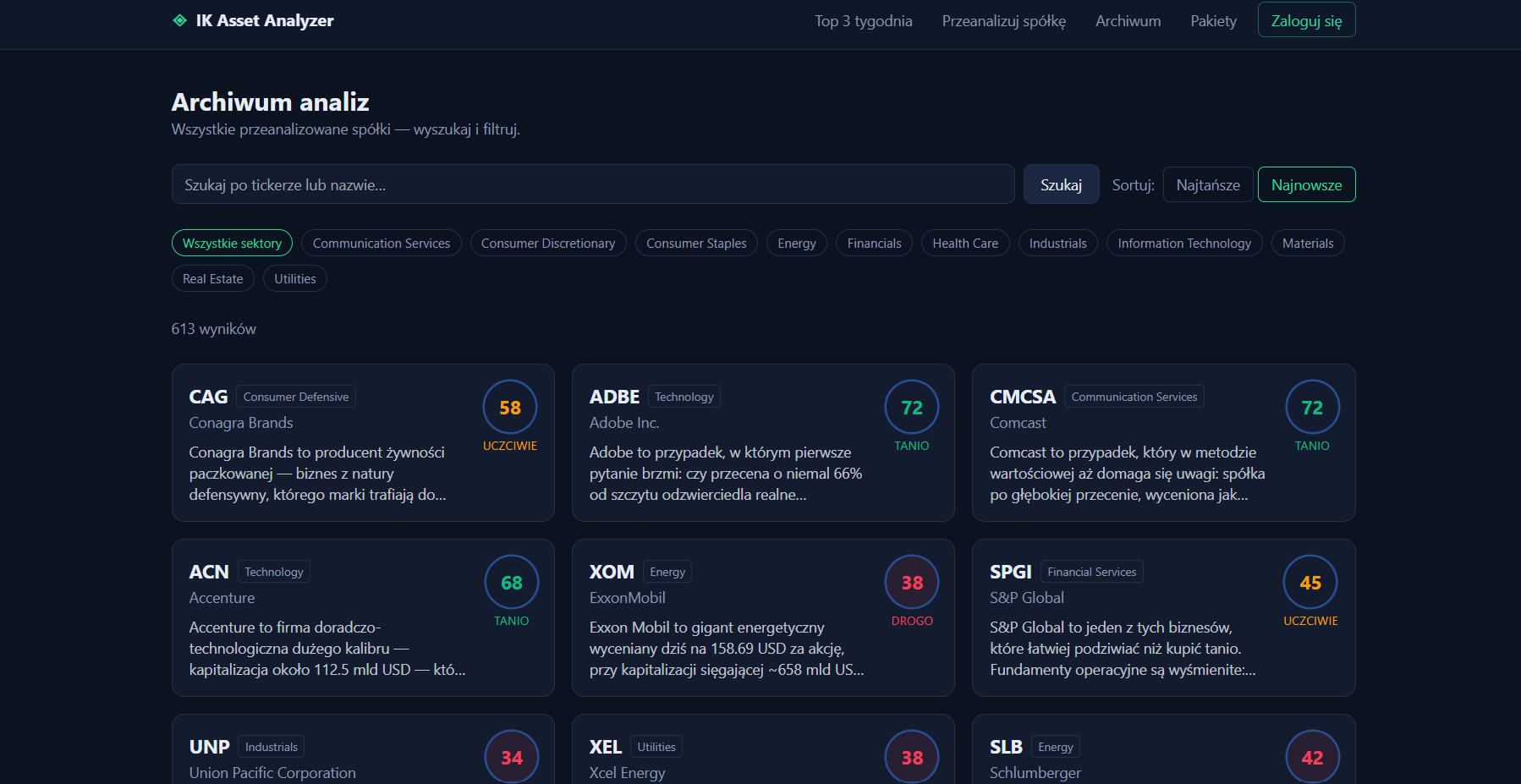 Archiwum analiz w narzędziu IK Asset Analyzer